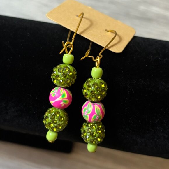 Handmade Green & Pink Beaded Dangle Earrings Sparkle & Floral Statement Jewelry - Picture 1 of 3